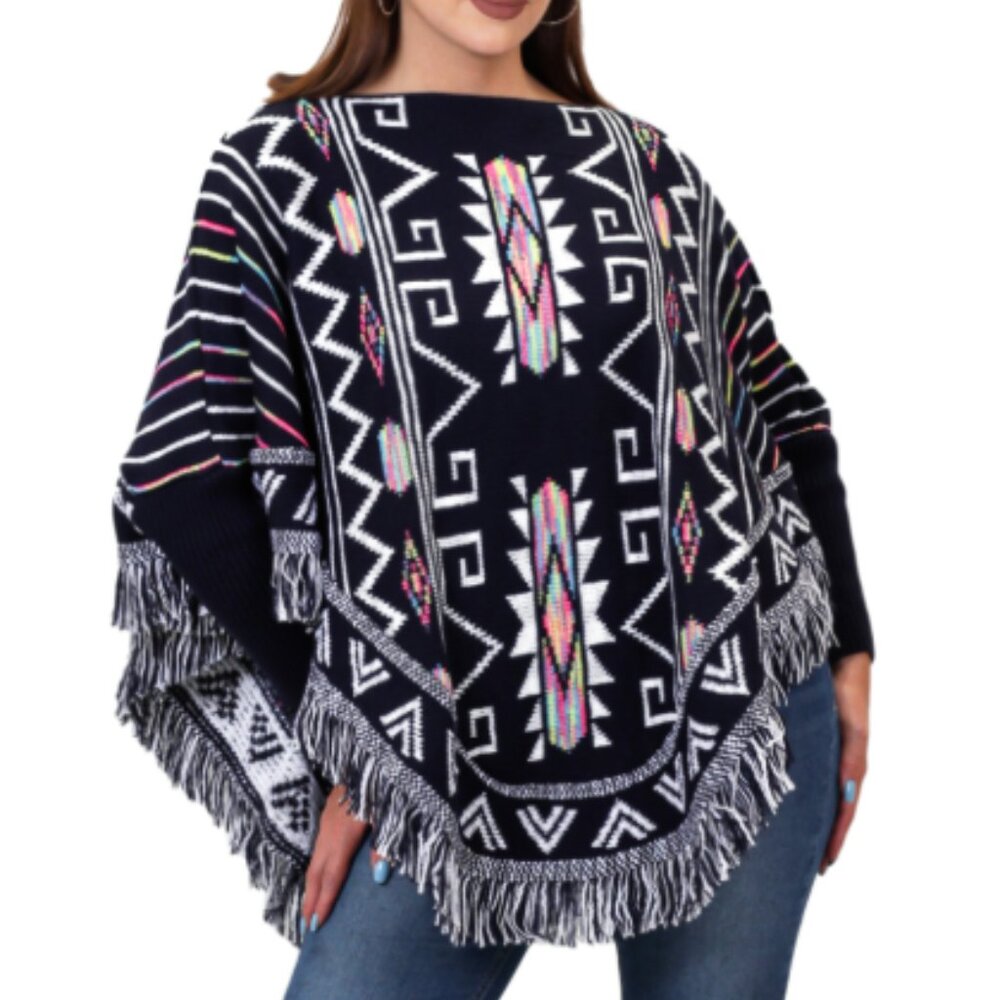 D' Carlo Mexican Poncho  Southwestern Aztec  Boho Festival Fringe